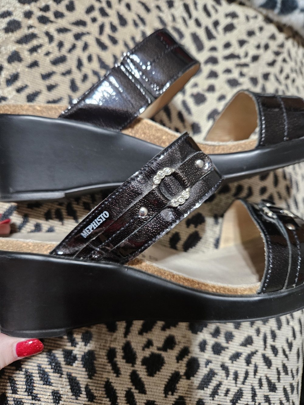 Mephisto Women's Black Patent Wedge Sandals with Decorative Studs